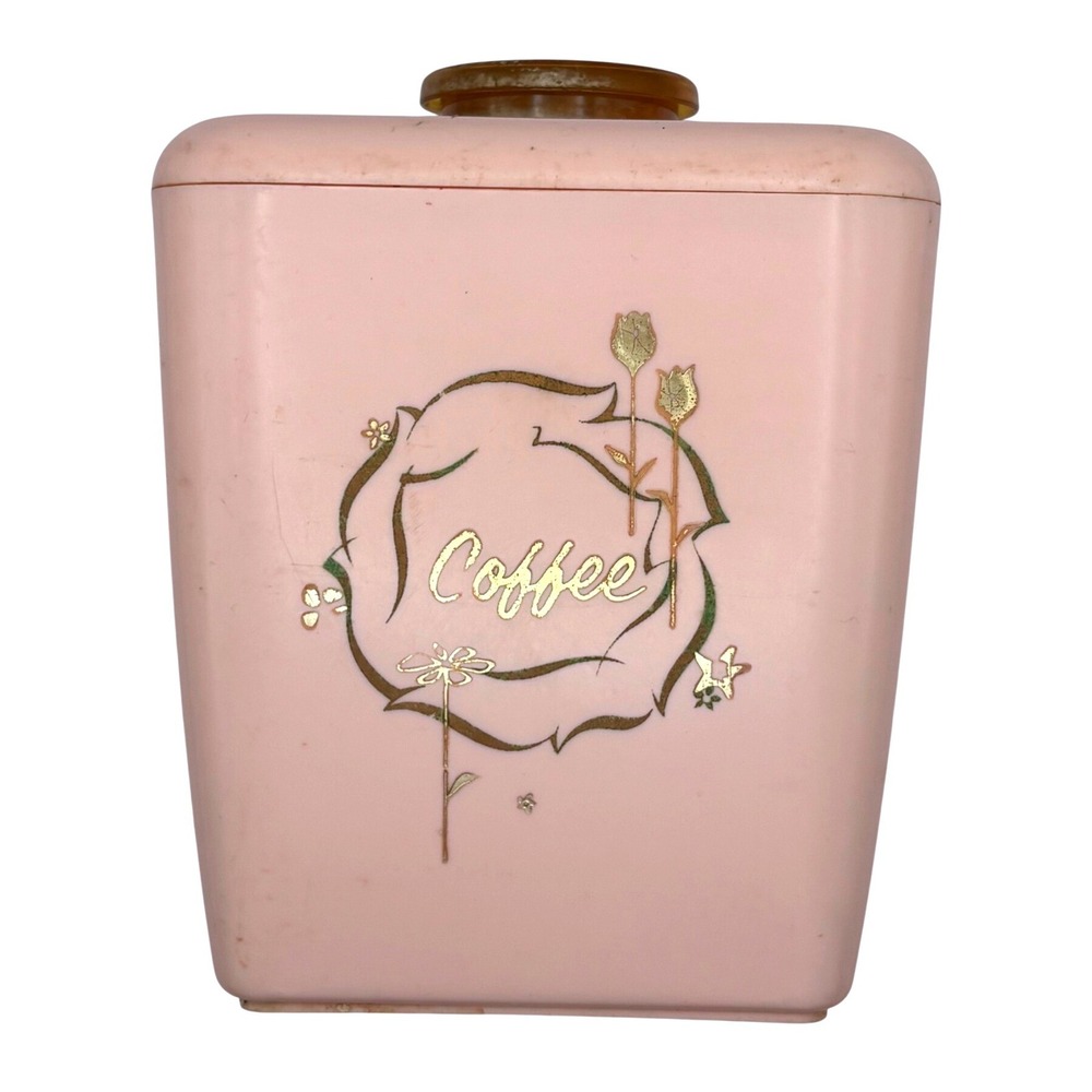 Vtg‎ Pink Lustro Ware Coffee Canister MCM Plastic Gold Floral Retro Cottagecore